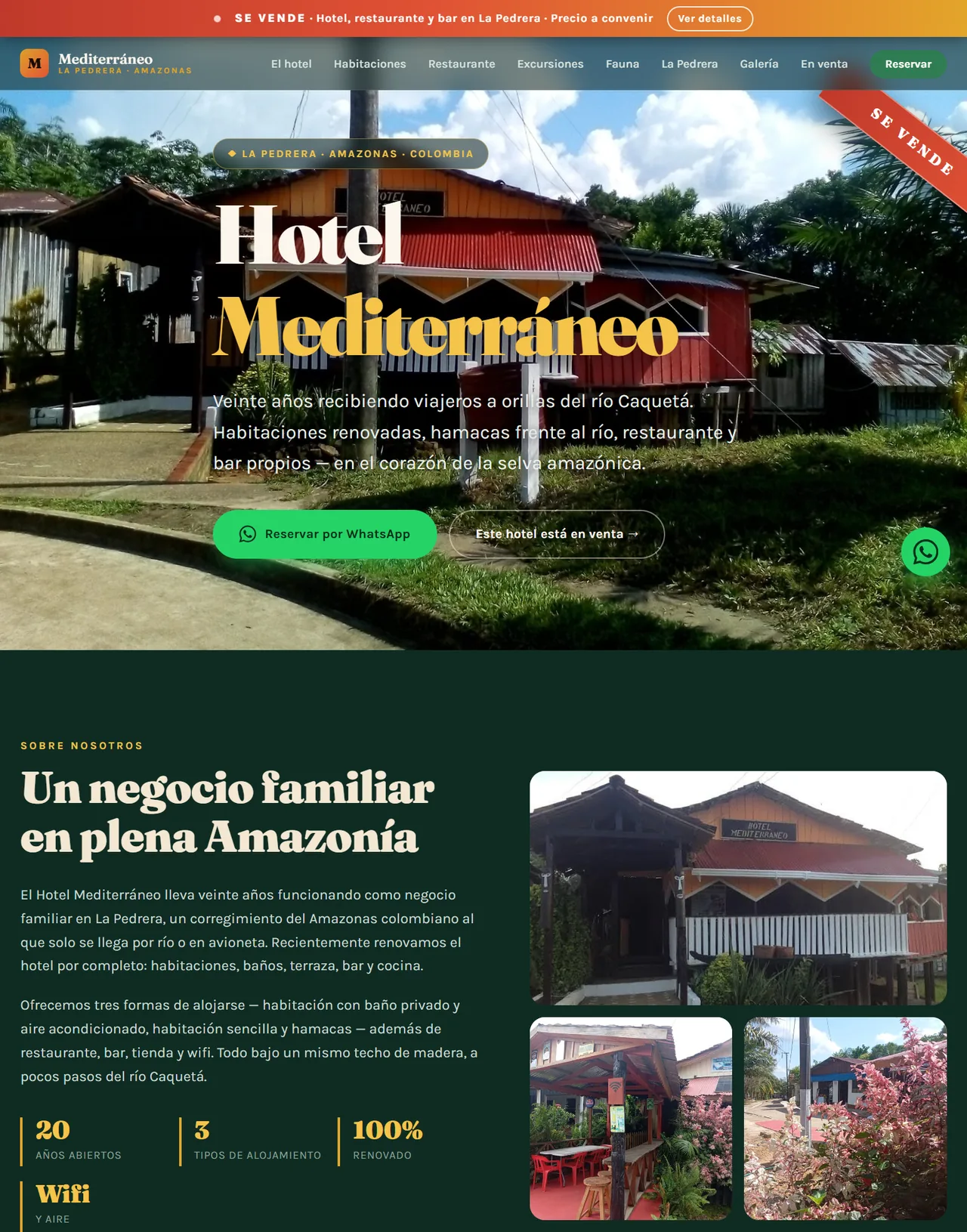 Portada del Hotel Mediterráneo en el ordenador: foto de la fachada y, arriba, la franja con el aviso de venta